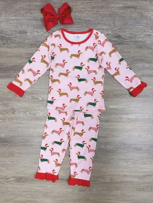 Winter Weiner Dog Pink Girls Christmas Pajamas