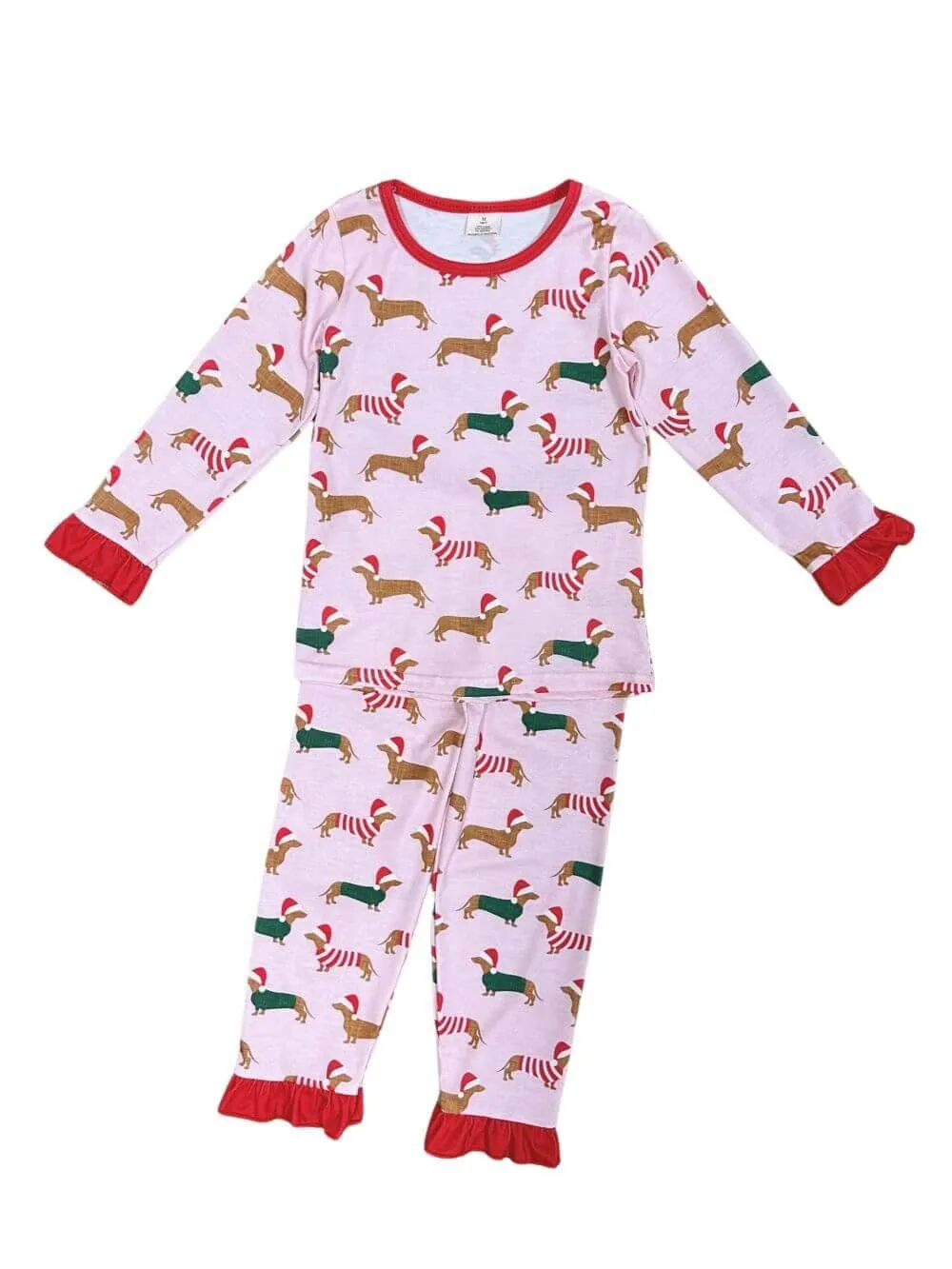 Winter Weiner Dog Pink Girls Christmas Pajamas