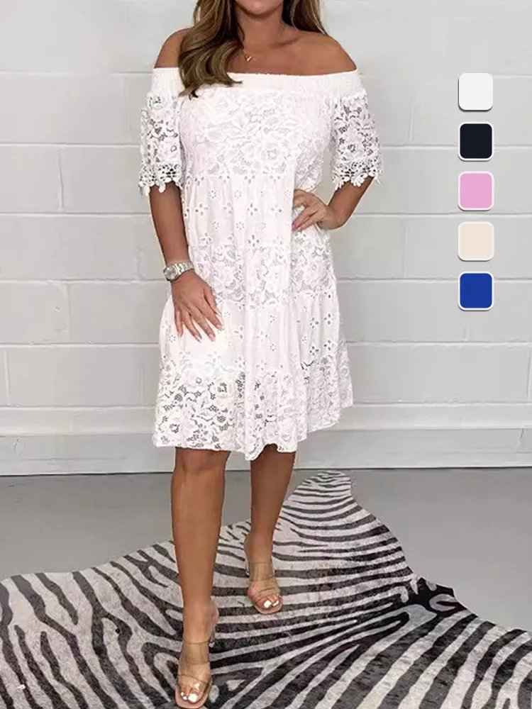 Woman's Elegant Lace Stitching Smocking Off-shoulder Floral Embroidery Loose Dress