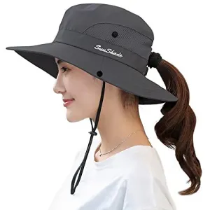 Women Ponytail Summer Sun Hat Wide Brim UV Hats Floppy Bucket Cap for Safari Beach Fishing Gardening