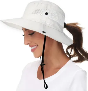 Women-Sun-Hat Safari-Sun-Protection Bucket - Beach-Outdoor Summer Hat Ponytail-Wide-Brim Breathable (22"-23")