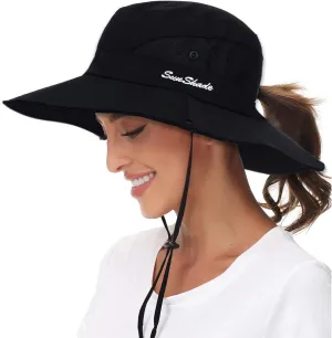 Women-Sun-Hat Safari-Sun-Protection Bucket - Beach-Outdoor Summer Hat Ponytail-Wide-Brim Breathable (22"-23")