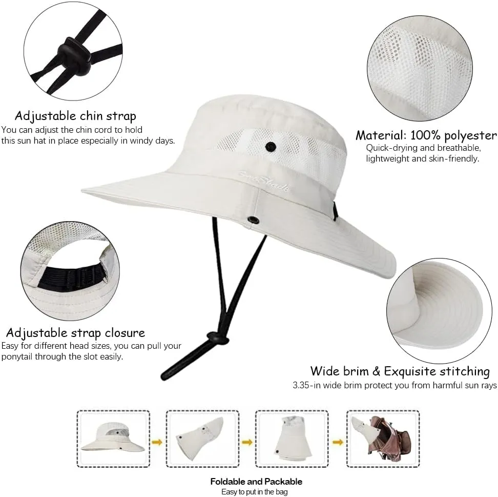 Women-Sun-Hat Safari-Sun-Protection Bucket - Beach-Outdoor Summer Hat Ponytail-Wide-Brim Breathable (22"-23")