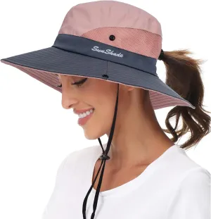 Women-Sun-Hat Safari-Sun-Protection Bucket - Beach-Outdoor Summer Hat Ponytail-Wide-Brim Breathable (22"-23")