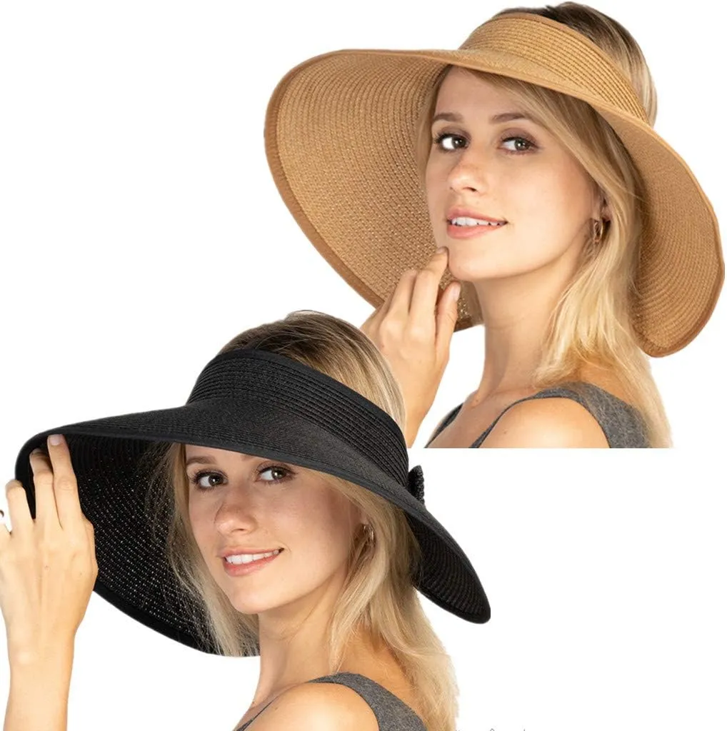 Women Sun Visor Hats Beach - Foldable Roll Up Wide Brim Bowknot Summer Straw Hat Cap Cruise wear for Womens