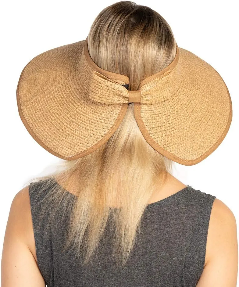 Women Sun Visor Hats Beach - Foldable Roll Up Wide Brim Bowknot Summer Straw Hat Cap Cruise wear for Womens
