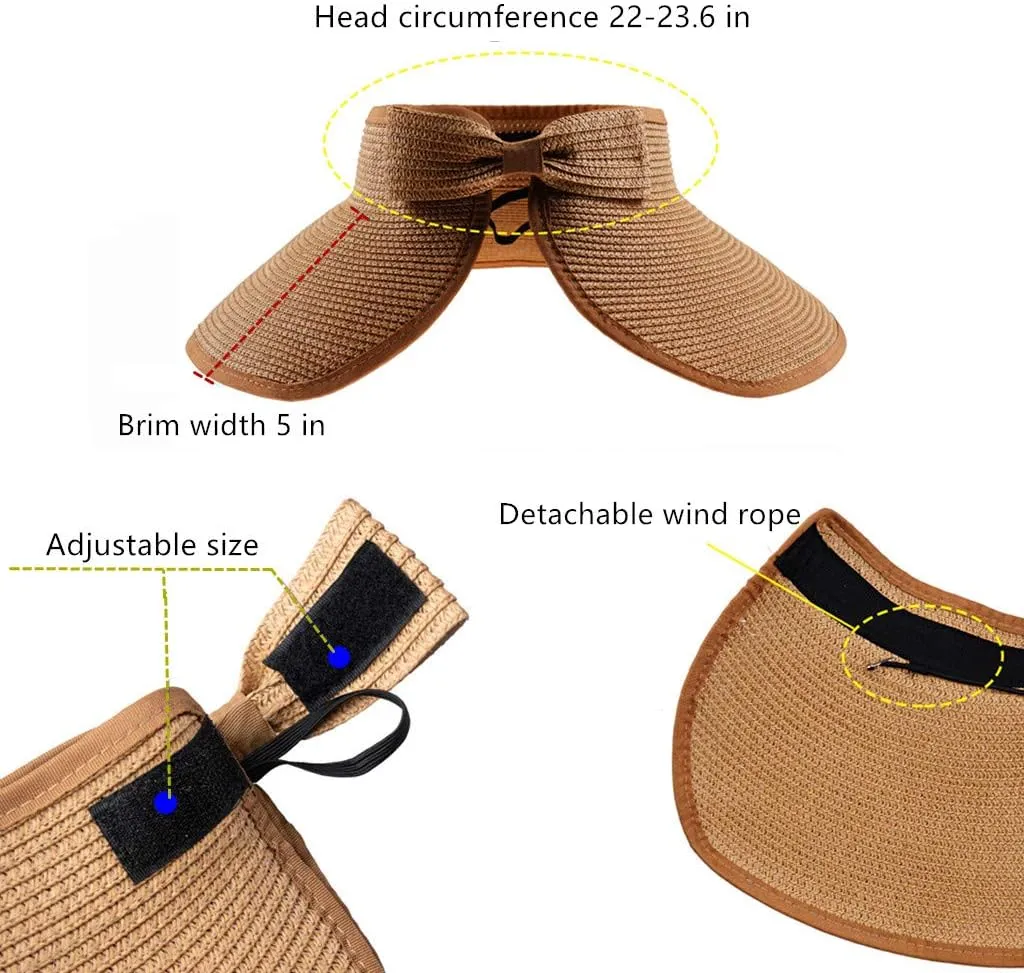 Women Sun Visor Hats Beach - Foldable Roll Up Wide Brim Bowknot Summer Straw Hat Cap Cruise wear for Womens