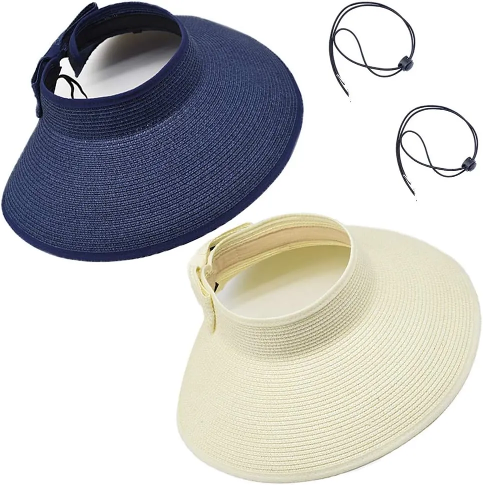 Women Sun Visor Hats Beach - Foldable Roll Up Wide Brim Bowknot Summer Straw Hat Cap Cruise wear for Womens