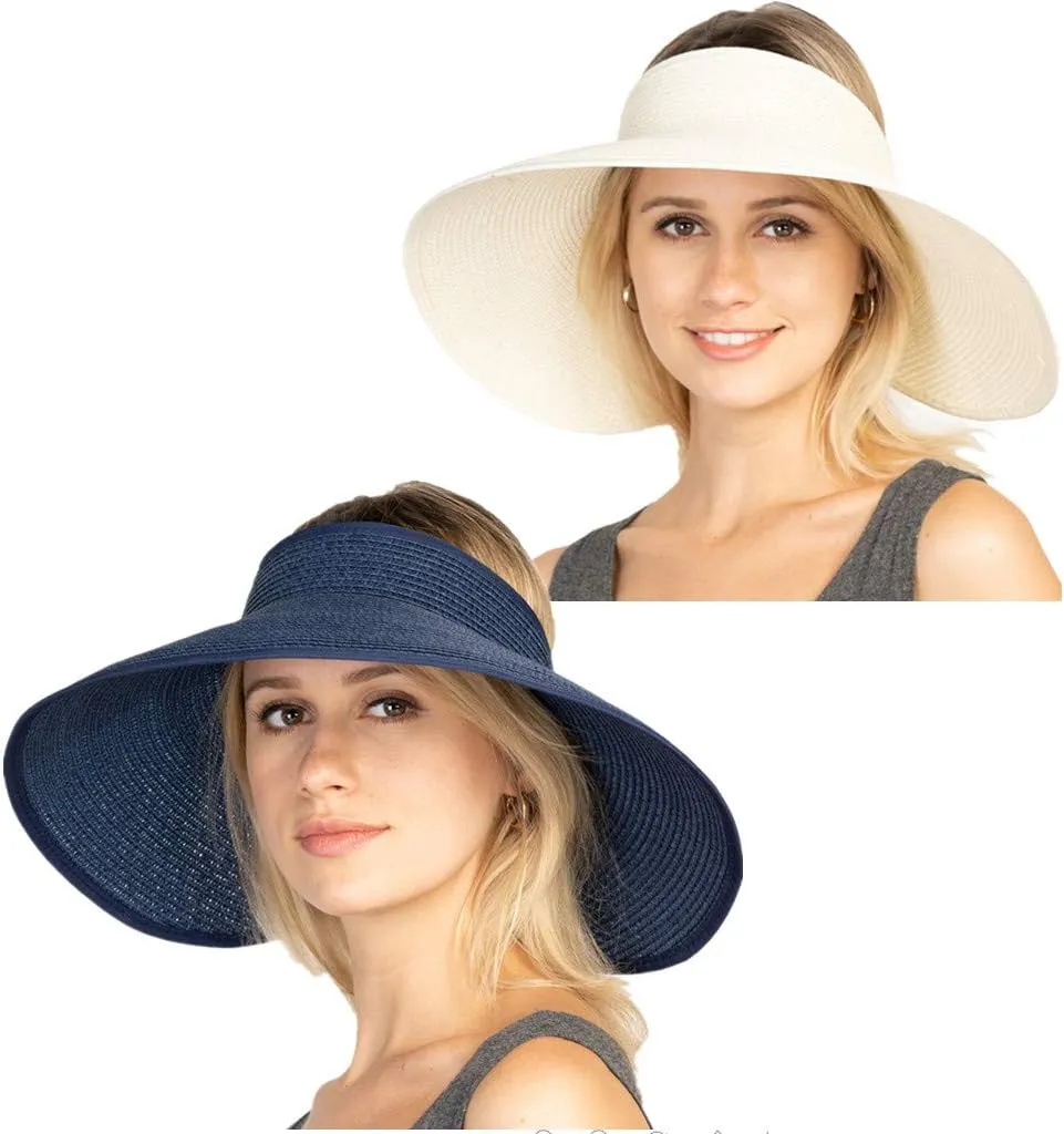 Women Sun Visor Hats Beach - Foldable Roll Up Wide Brim Bowknot Summer Straw Hat Cap Cruise wear for Womens