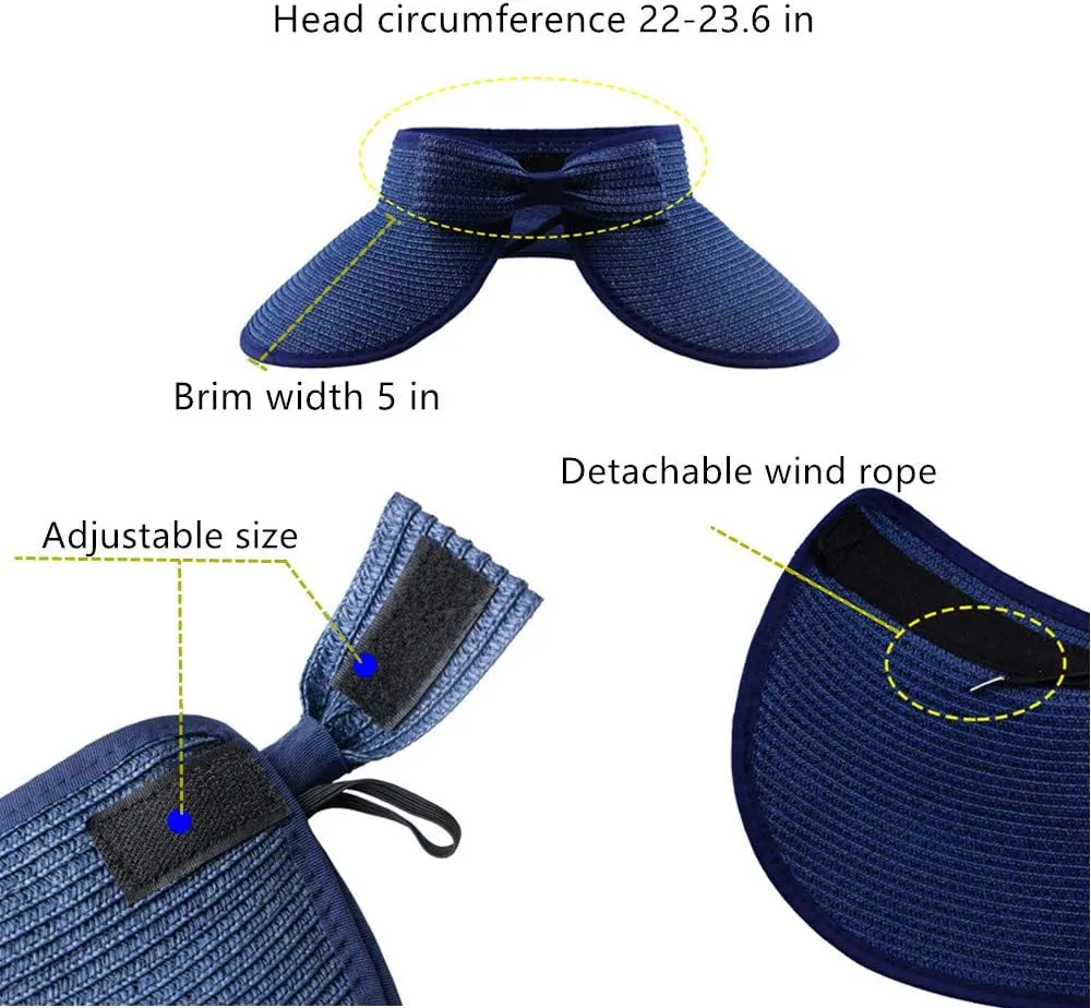Women Sun Visor Hats Beach - Foldable Roll Up Wide Brim Bowknot Summer Straw Hat Cap Cruise wear for Womens