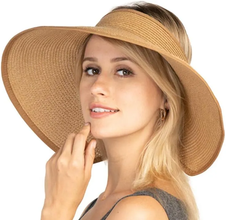 Women Sun Visor Hats Beach - Foldable Roll Up Wide Brim Bowknot Summer Straw Hat Cap Cruise wear for Womens