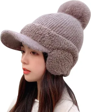 Women Winter Hat with Pompom Warm Fleece Lined Ear Warmer Knit Hat with Visor Brim Cold Weather Christmas