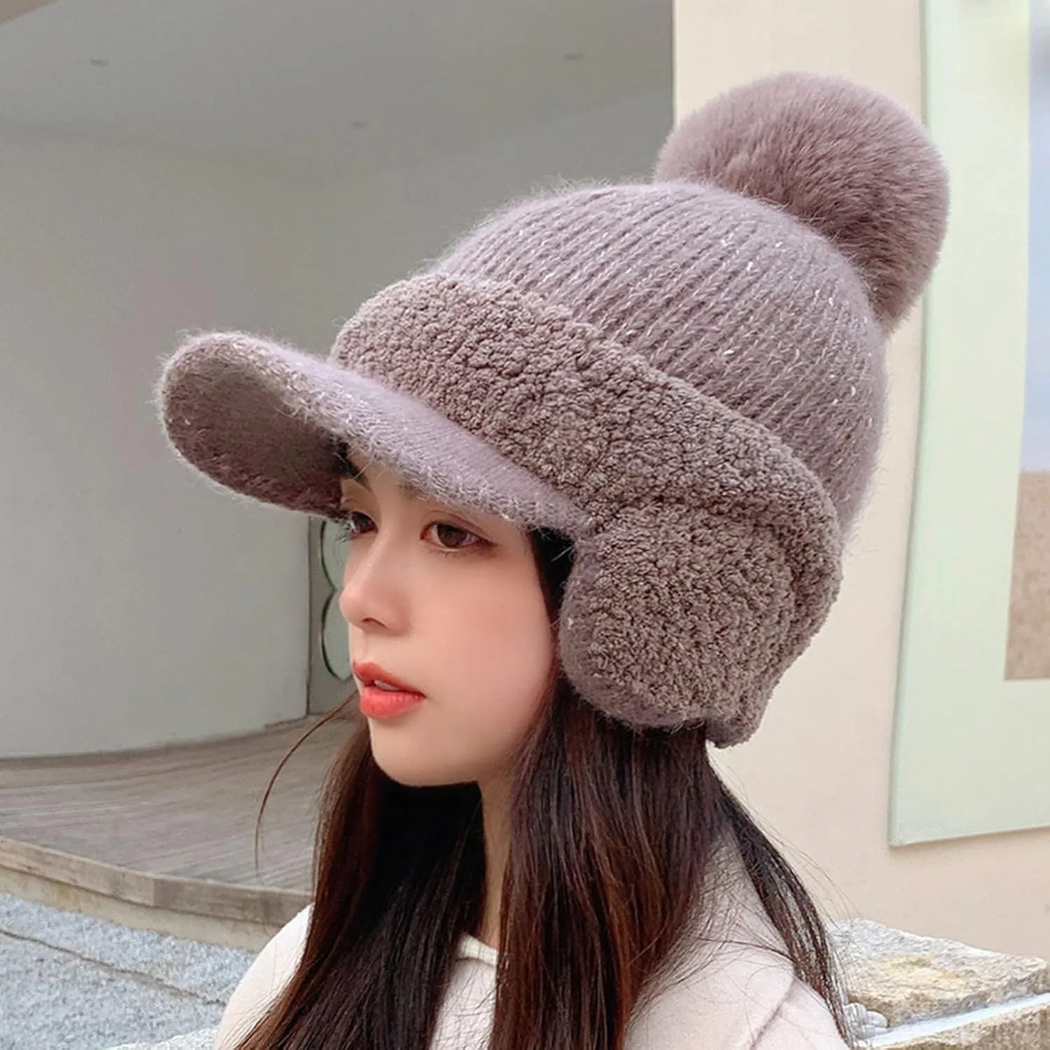 Women Winter Hat with Pompom Warm Fleece Lined Ear Warmer Knit Hat with Visor Brim Cold Weather Christmas