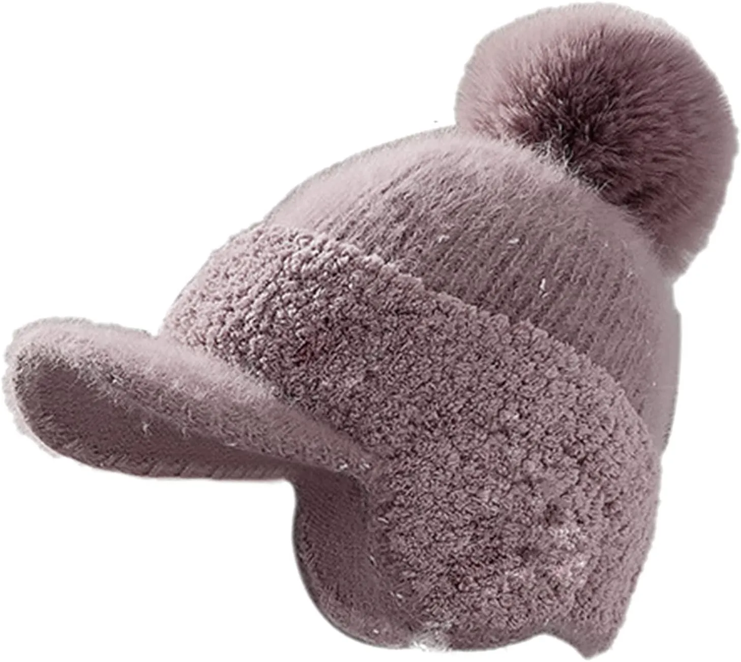 Women Winter Hat with Pompom Warm Fleece Lined Ear Warmer Knit Hat with Visor Brim Cold Weather Christmas