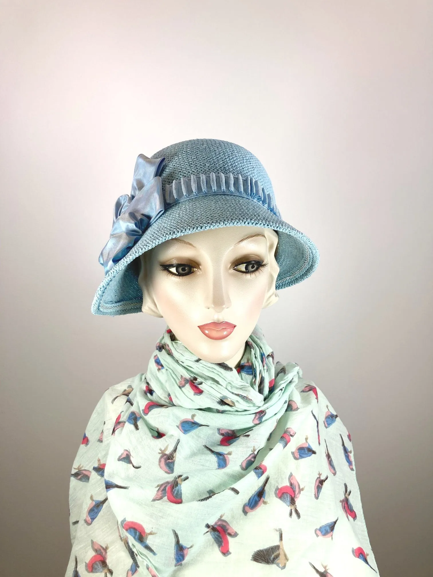 Women's 1920s Cloche Style Hat. Summer Robin's Egg Blue Straw Hat. Women's Summer Hat.