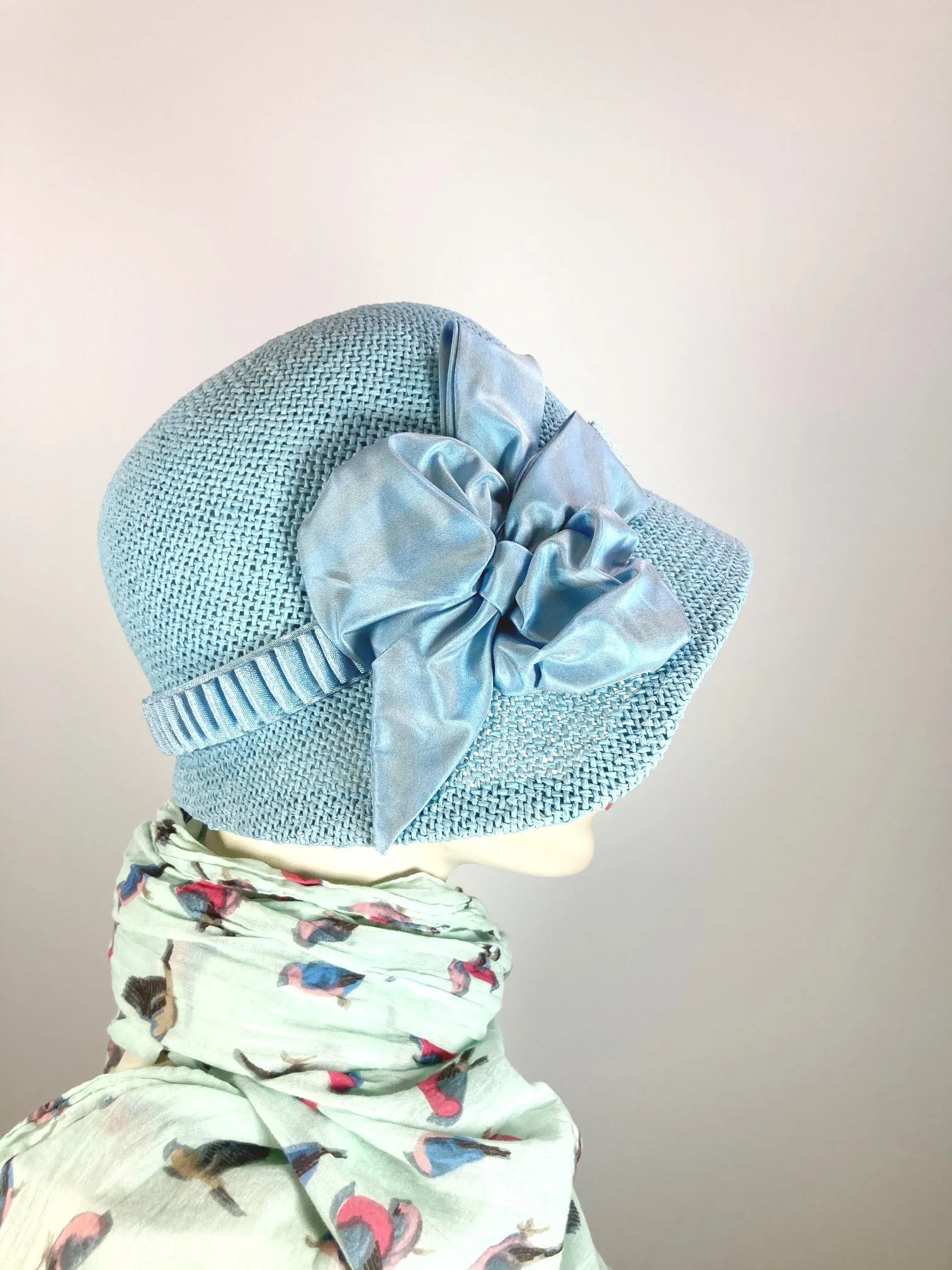 Women's 1920s Cloche Style Hat. Summer Robin's Egg Blue Straw Hat. Women's Summer Hat.