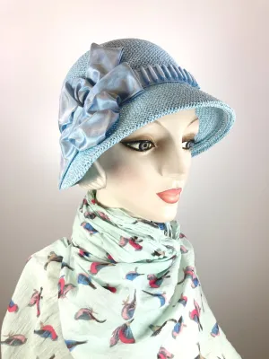 Women's 1920s Cloche Style Hat. Summer Robin's Egg Blue Straw Hat. Women's Summer Hat.