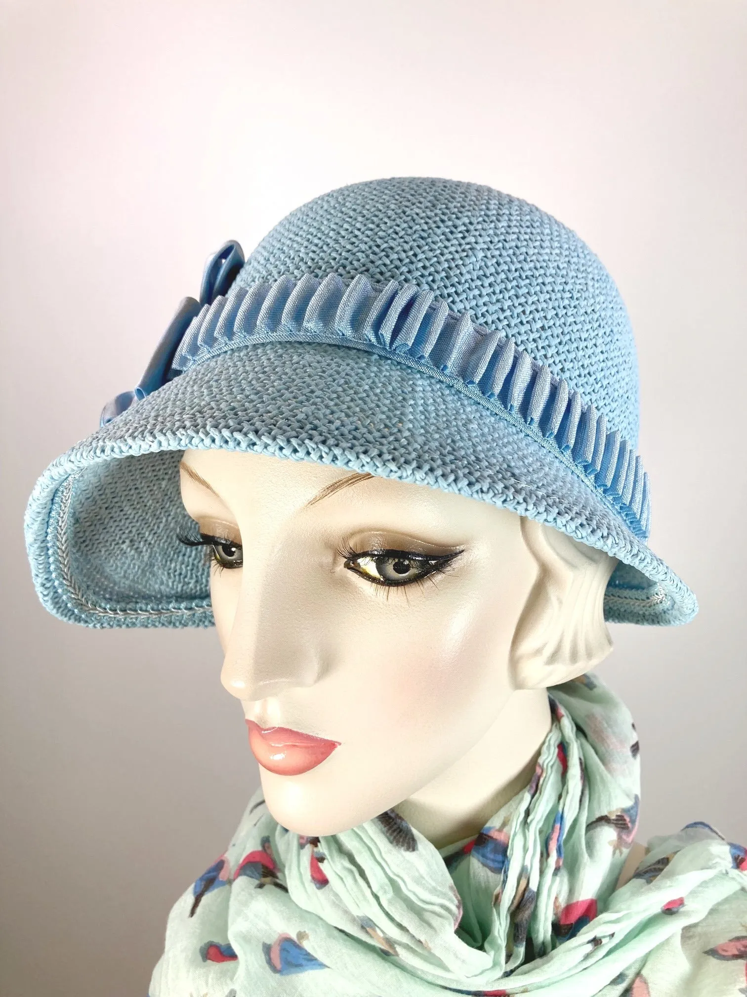 Women's 1920s Cloche Style Hat. Summer Robin's Egg Blue Straw Hat. Women's Summer Hat.