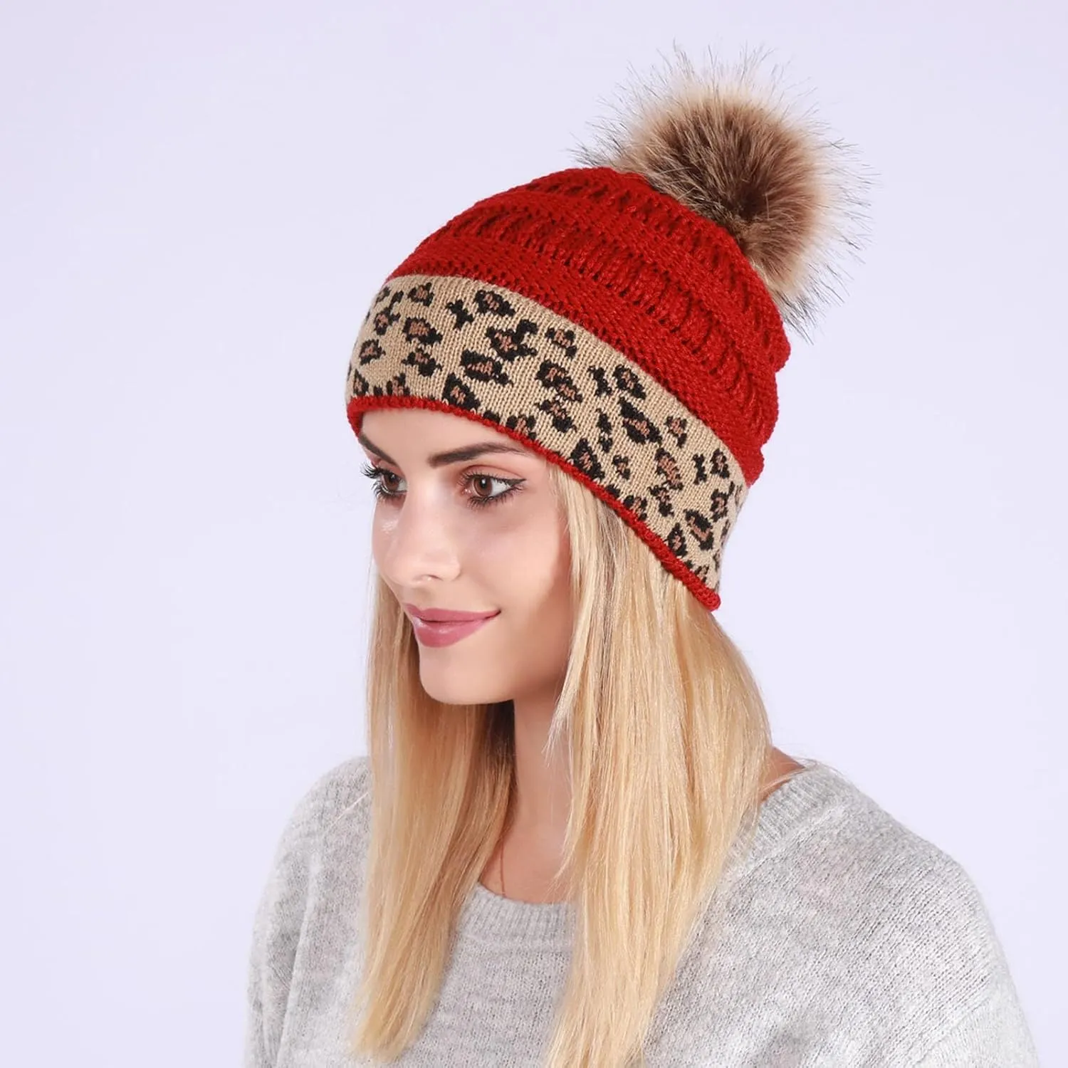 Womens Beanie Winter Chunky Leopard Warm Thick Soft Knitted Hats Pom Pom Cozy Casual Beanie Hats Trendy
