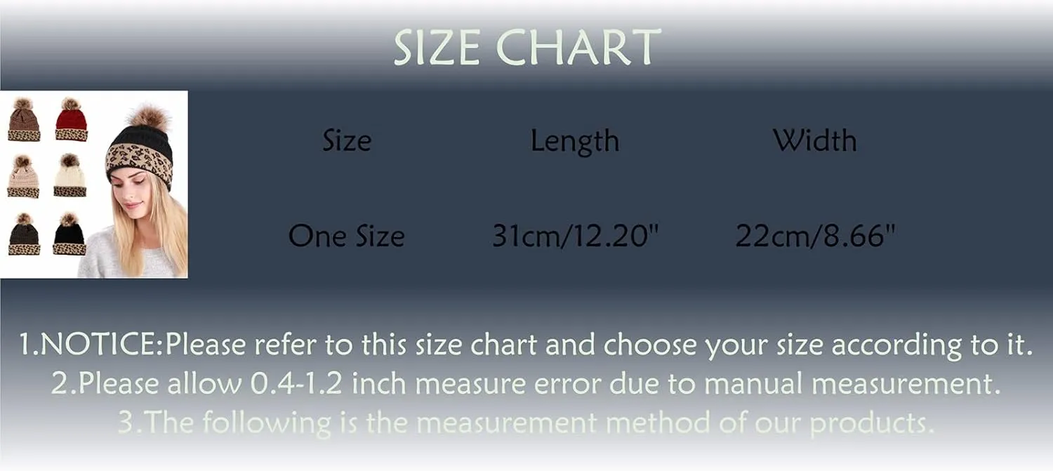 Womens Beanie Winter Chunky Leopard Warm Thick Soft Knitted Hats Pom Pom Cozy Casual Beanie Hats Trendy