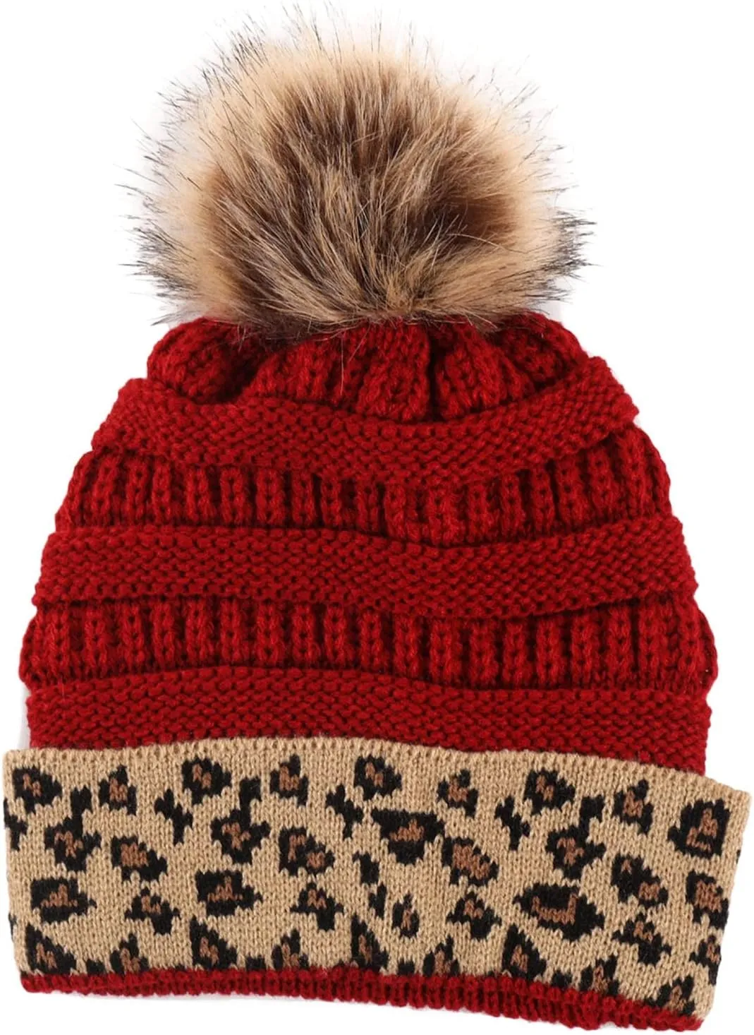 Womens Beanie Winter Chunky Leopard Warm Thick Soft Knitted Hats Pom Pom Cozy Casual Beanie Hats Trendy