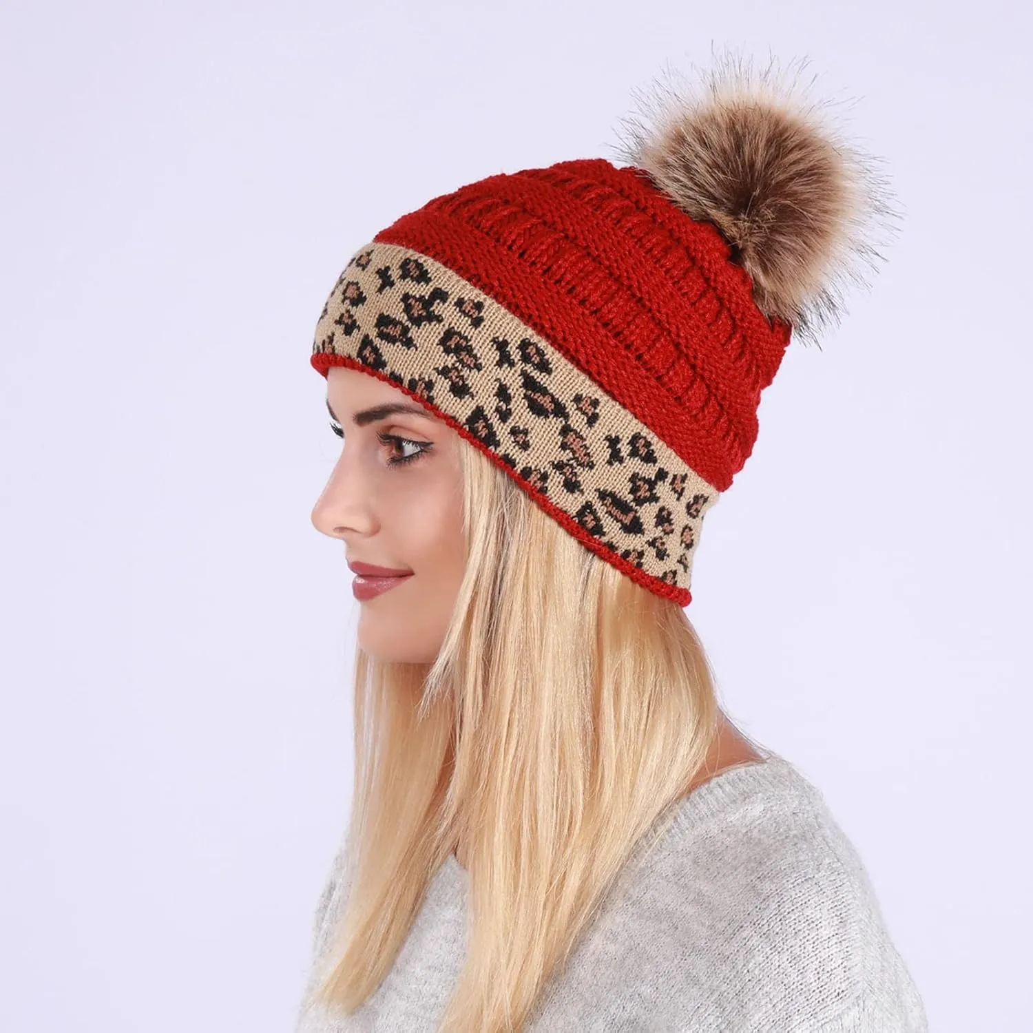 Womens Beanie Winter Chunky Leopard Warm Thick Soft Knitted Hats Pom Pom Cozy Casual Beanie Hats Trendy