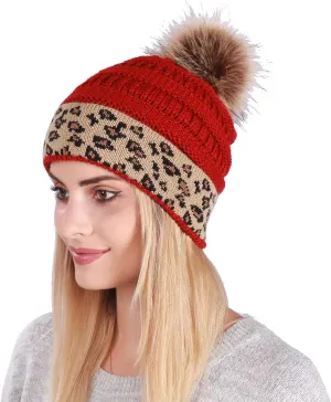 Womens Beanie Winter Chunky Leopard Warm Thick Soft Knitted Hats Pom Pom Cozy Casual Beanie Hats Trendy