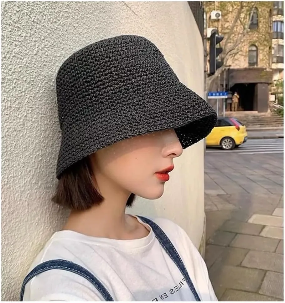 Womens Floppy Straw Sun Hat Packable Wide Brim Summer Beach Hat Foldable Crochet Bucket Hats