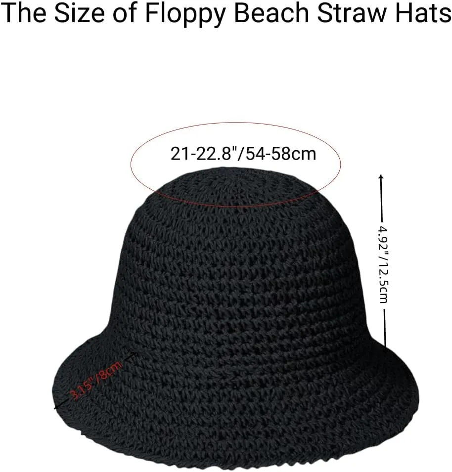 Womens Floppy Straw Sun Hat Packable Wide Brim Summer Beach Hat Foldable Crochet Bucket Hats