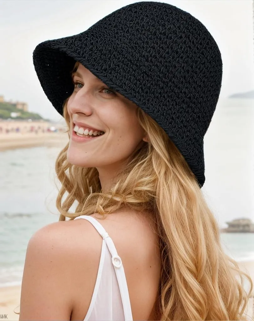 Womens Floppy Straw Sun Hat Packable Wide Brim Summer Beach Hat Foldable Crochet Bucket Hats