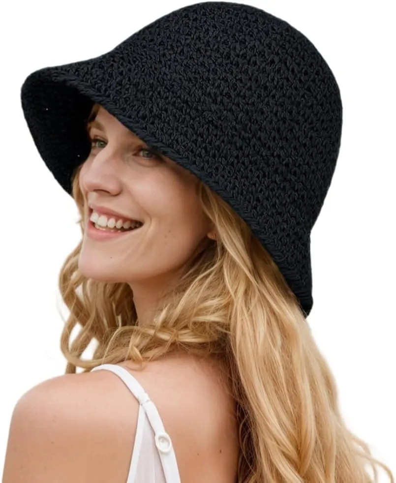 Womens Floppy Straw Sun Hat Packable Wide Brim Summer Beach Hat Foldable Crochet Bucket Hats