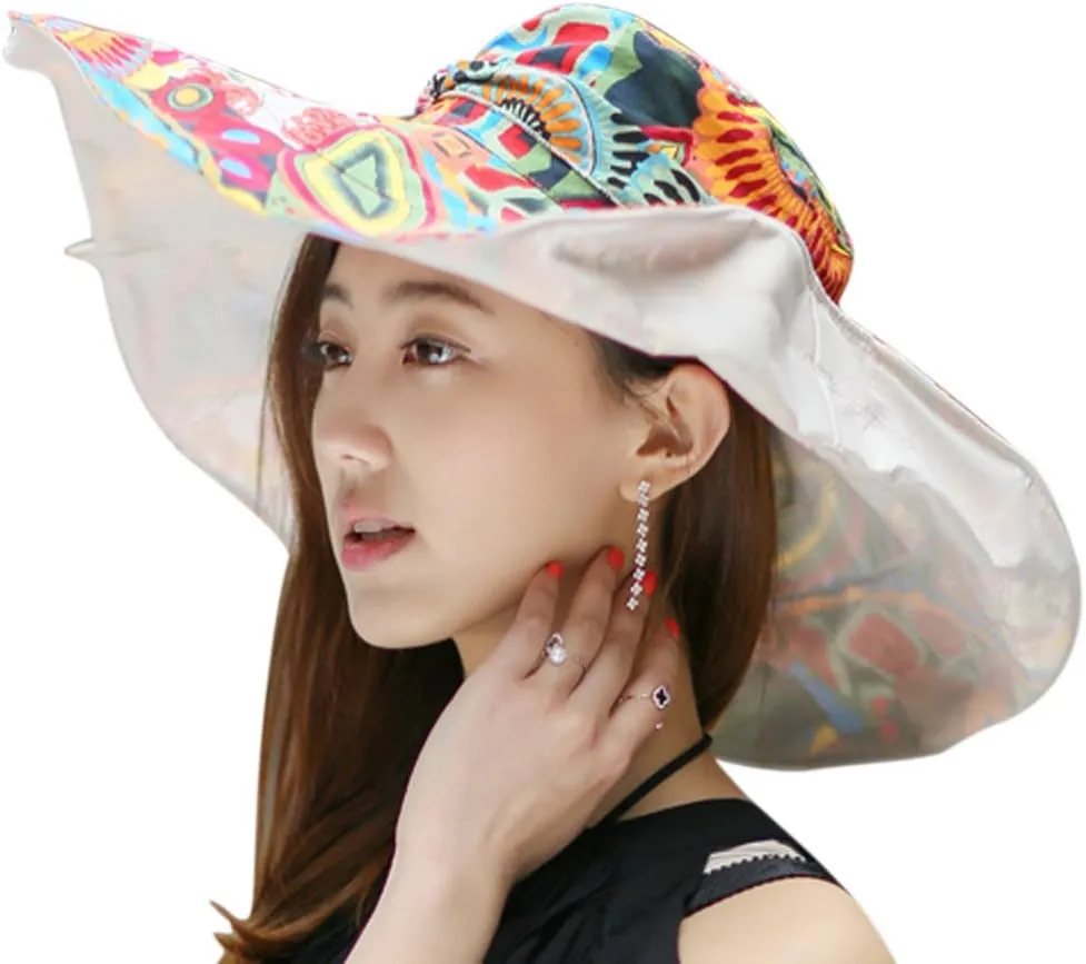Women's Foldable Floppy Reversible Travel Beach Sun Visor Hat Wide Brim UPF 50 