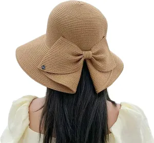 Womens Foldable Wide Brim Foldable Wide Brim Floppy Straw Beach Sun Hat Summer Cap with Bowknot for Women Girls