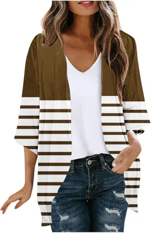 Womens Kimono Beach Cover Up Chiffon Cardigan 3/4 Sleeve Floral Open Front Tops Capes Casual Loose Swimwear for Summer