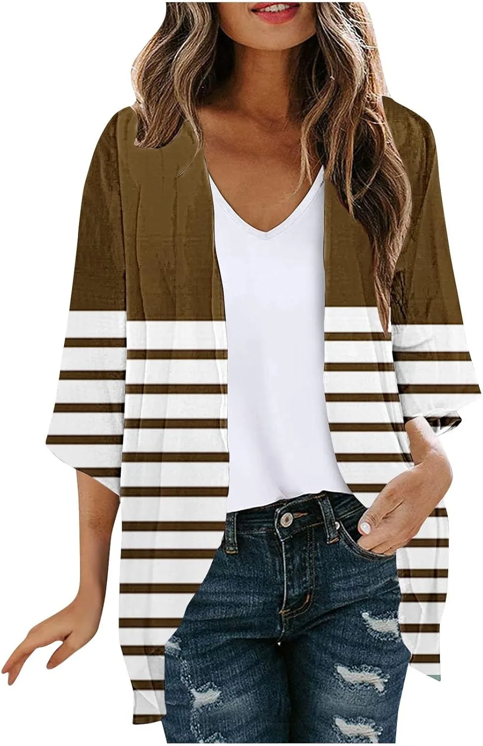 Womens Kimono Beach Cover Up Chiffon Cardigan 3/4 Sleeve Floral Open Front Tops Capes Casual Loose Swimwear for Summer