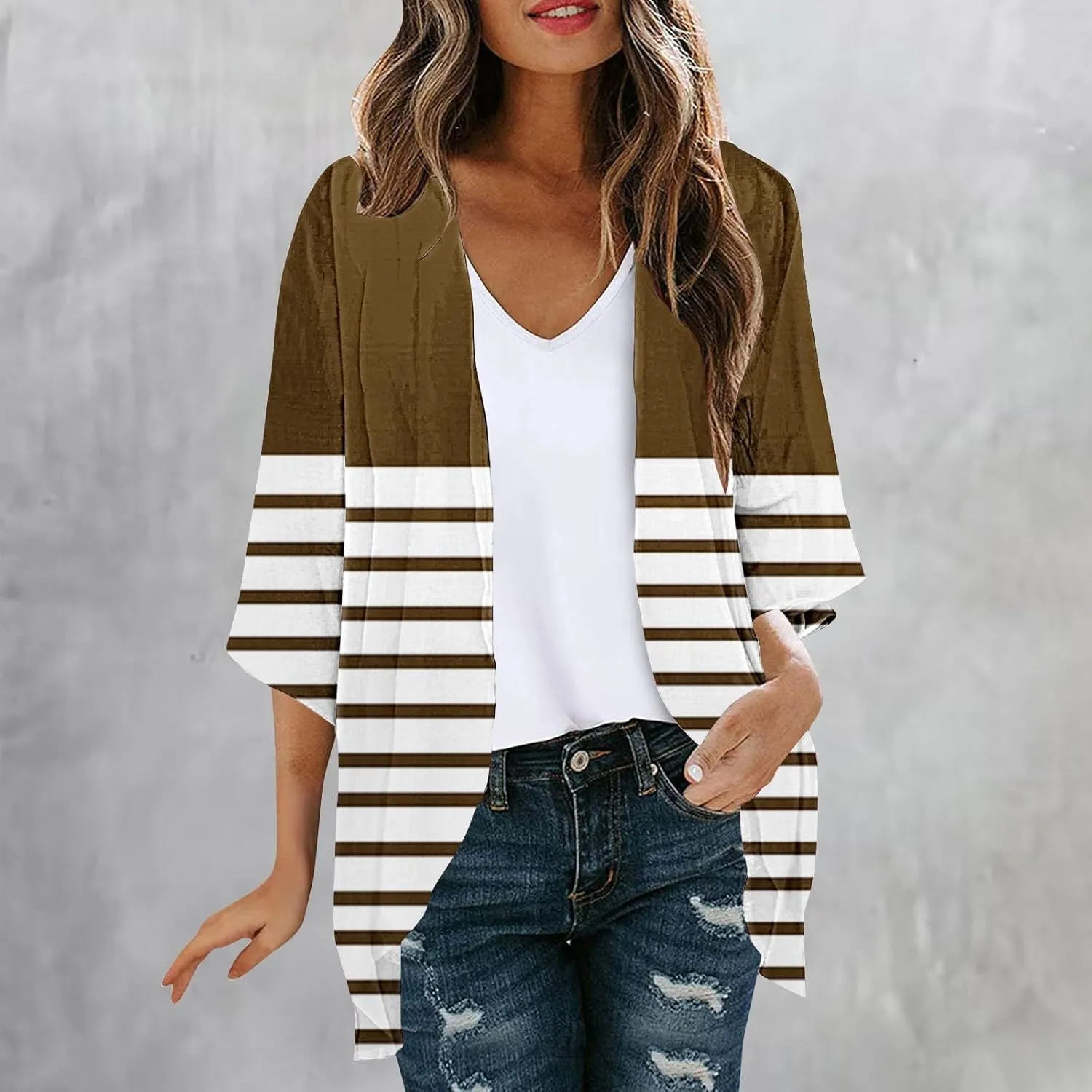 Womens Kimono Beach Cover Up Chiffon Cardigan 3/4 Sleeve Floral Open Front Tops Capes Casual Loose Swimwear for Summer