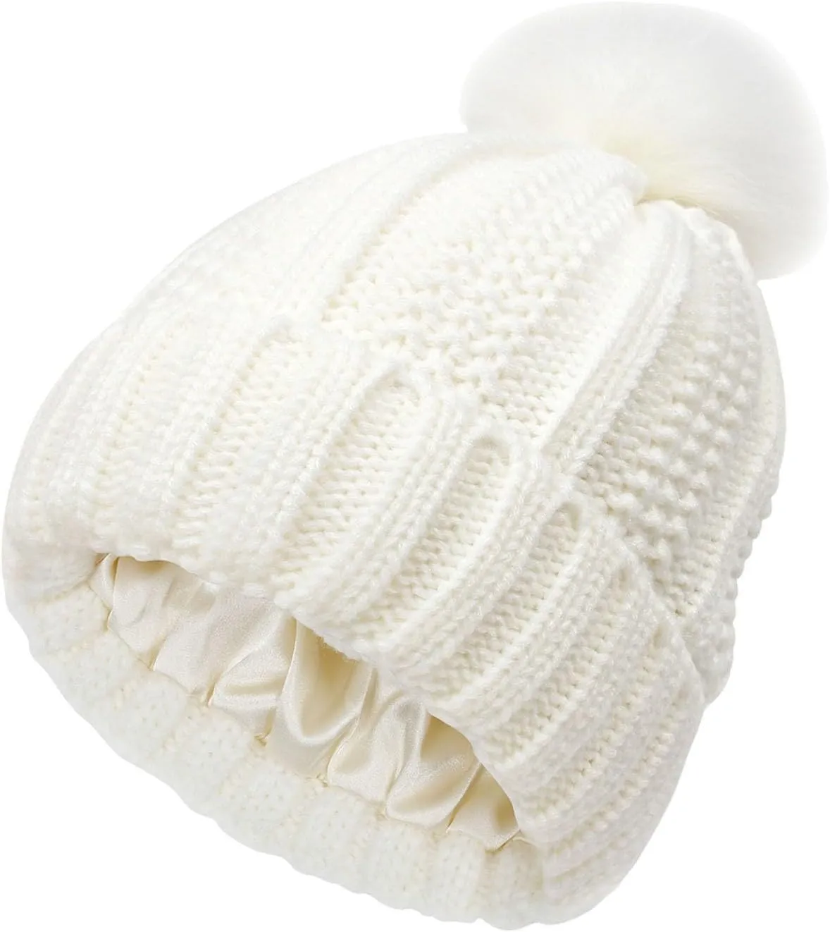 Women's Knit Beanie Hat with Faux Fur Pom Pom Satin Lined Winter Thick Warm Caps Solid Soft Roll up Skull Ski Caps