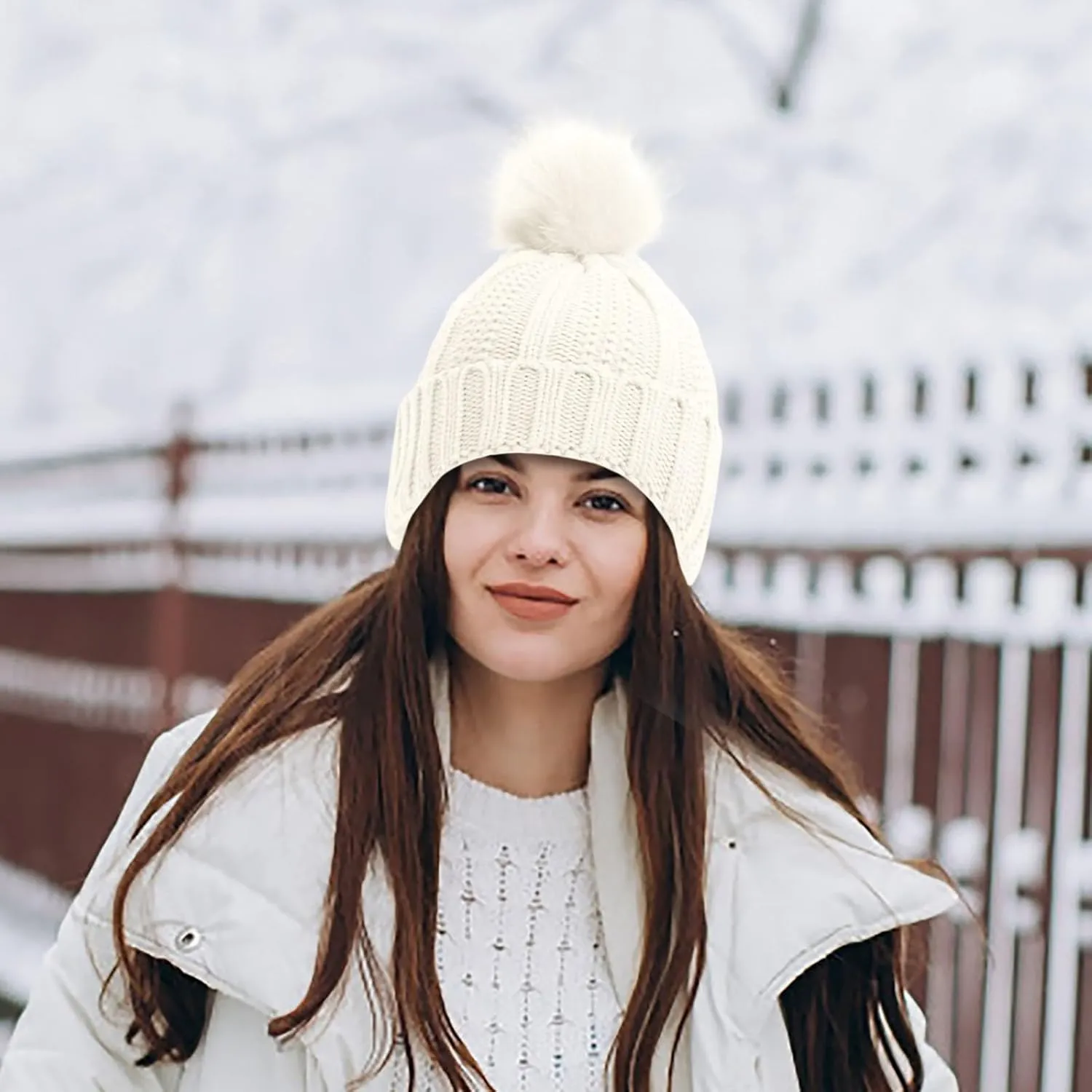 Women's Knit Beanie Hat with Faux Fur Pom Pom Satin Lined Winter Thick Warm Caps Solid Soft Roll up Skull Ski Caps