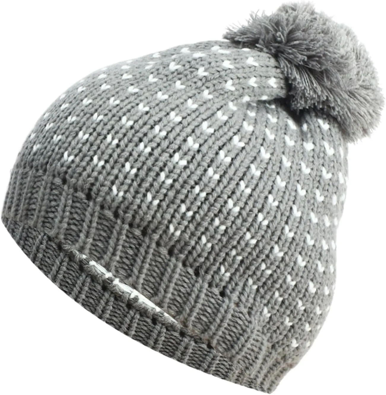 Womens Knitted Beanie Hat with Faux Pom Pom Fleece Lined Soft Heart Knit Slouchy Cap Thick Warm Winter Bobble Hat