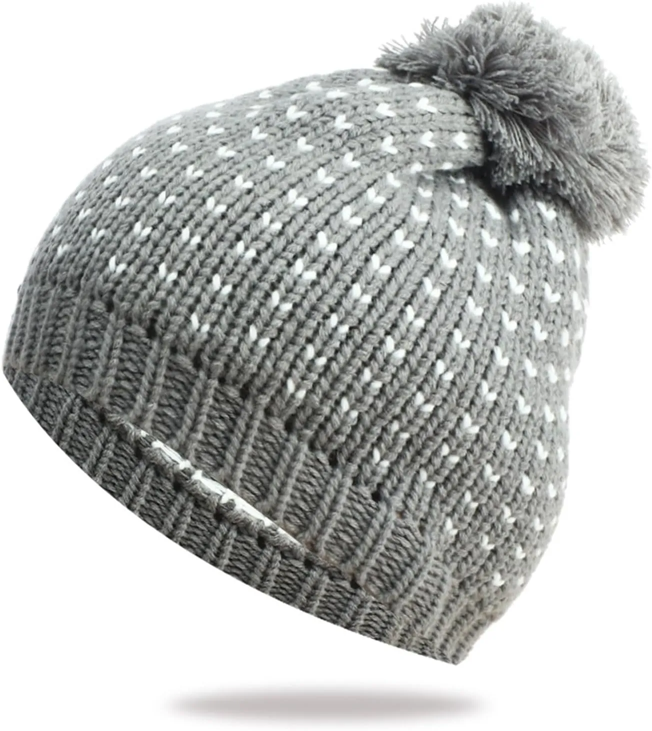 Womens Knitted Beanie Hat with Faux Pom Pom Fleece Lined Soft Heart Knit Slouchy Cap Thick Warm Winter Bobble Hat