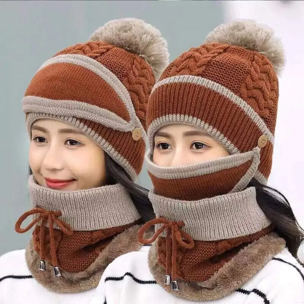 Womens Men Knitted Scarf Hat Sets Thermal Thick Ski Cycling Hat Windproof Neck Warmer Earmuffs Set