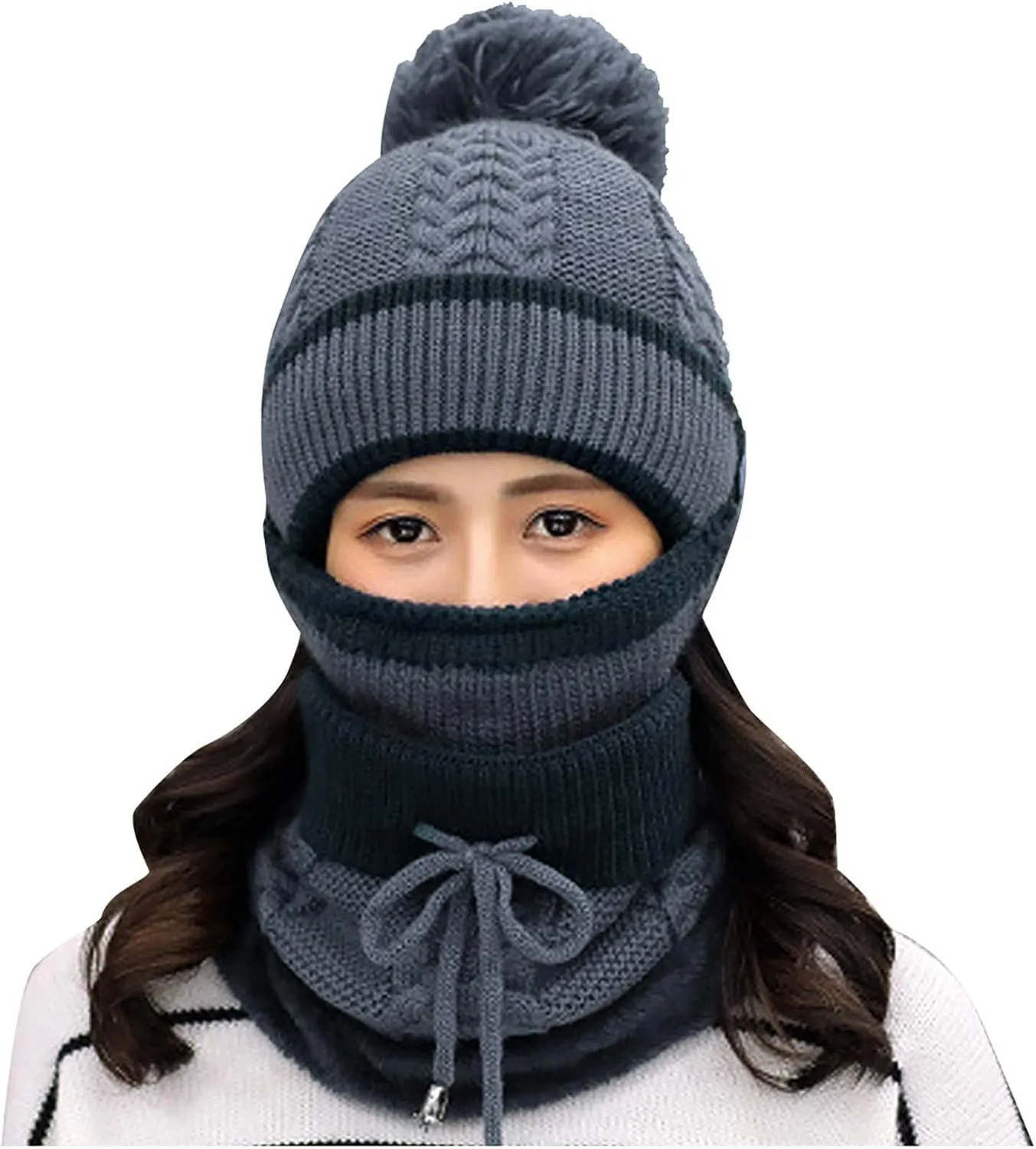 Womens Men Knitted Scarf Hat Sets Thermal Thick Ski Cycling Hat Windproof Neck Warmer Earmuffs Set