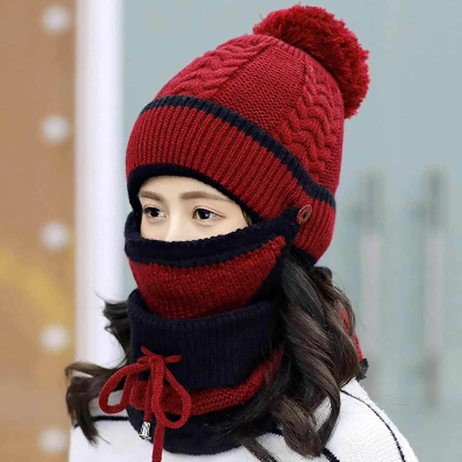 Womens Men Knitted Scarf Hat Sets Thermal Thick Ski Cycling Hat Windproof Neck Warmer Earmuffs Set