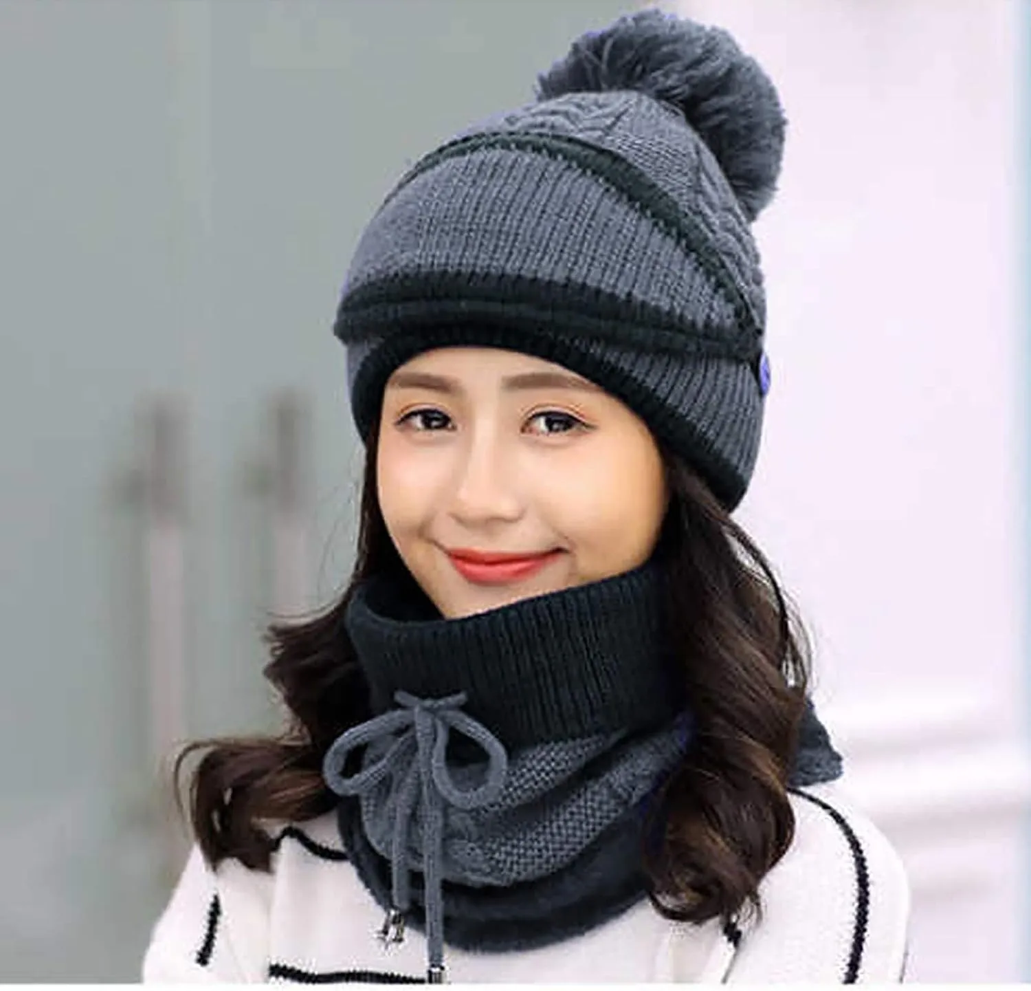 Womens Men Knitted Scarf Hat Sets Thermal Thick Ski Cycling Hat Windproof Neck Warmer Earmuffs Set