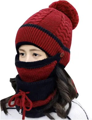 Womens Men Knitted Scarf Hat Sets Thermal Thick Ski Cycling Hat Windproof Neck Warmer Earmuffs Set