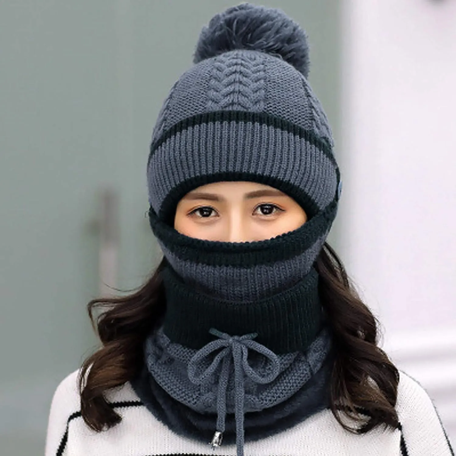 Womens Men Knitted Scarf Hat Sets Thermal Thick Ski Cycling Hat Windproof Neck Warmer Earmuffs Set