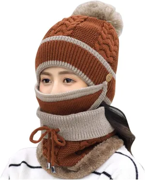Womens Men Knitted Scarf Hat Sets Thermal Thick Ski Cycling Hat Windproof Neck Warmer Earmuffs Set