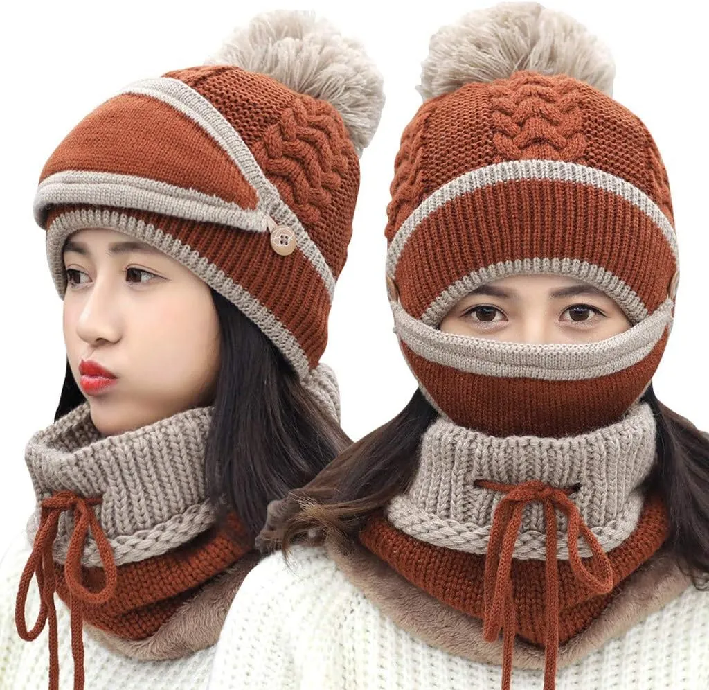 Womens Men Knitted Scarf Hat Sets Thermal Thick Ski Cycling Hat Windproof Neck Warmer Earmuffs Set