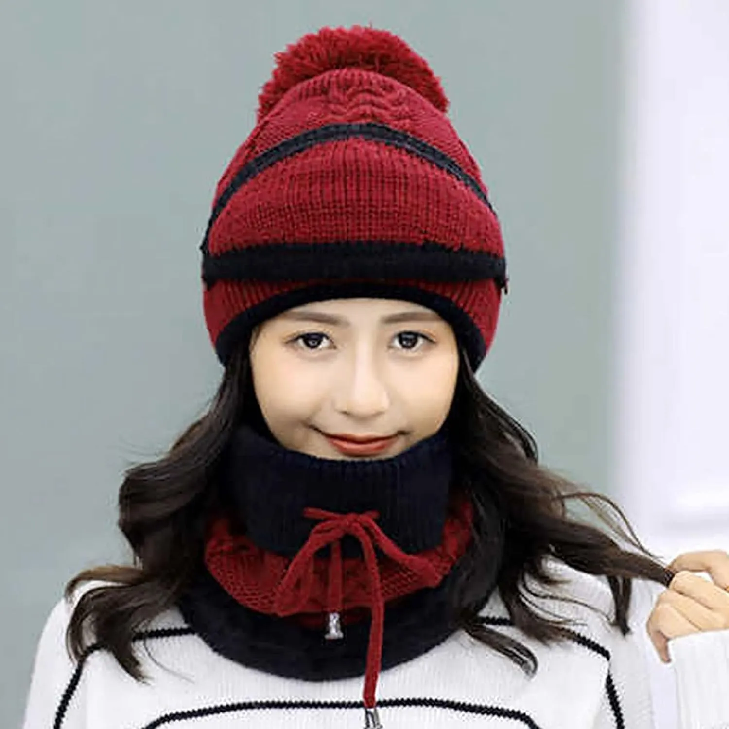 Womens Men Knitted Scarf Hat Sets Thermal Thick Ski Cycling Hat Windproof Neck Warmer Earmuffs Set