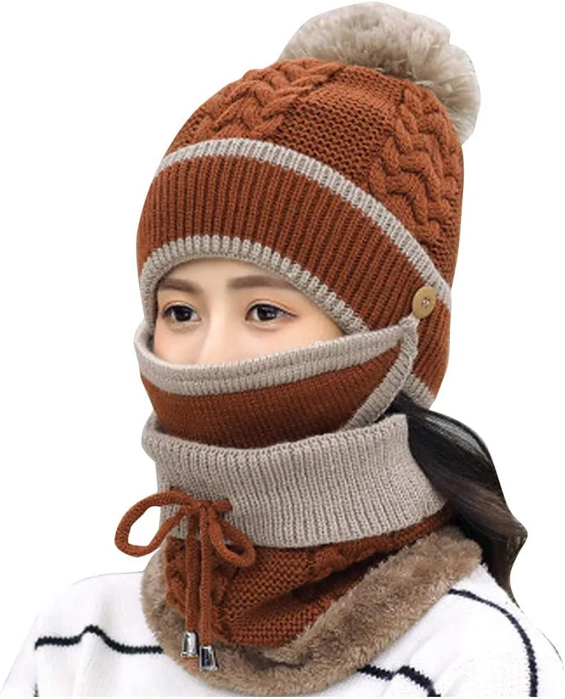 Womens Men Knitted Scarf Hat Sets Thermal Thick Ski Cycling Hat Windproof Neck Warmer Earmuffs Set